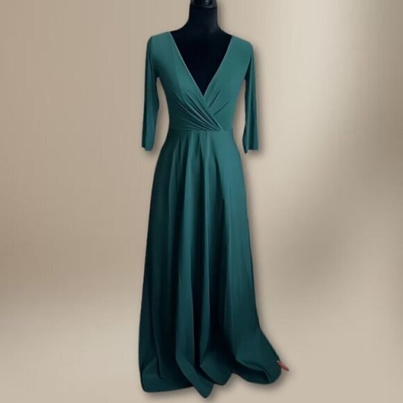 Alfred Sung Wrap Style Gown Long Sleeve V Neck Jersey Mikado Hunter Green W 2 - Picture 3 of 13
